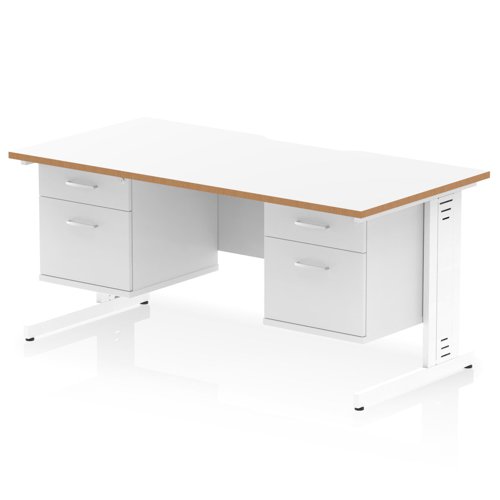 Oslo 1600 x 800mm Scalloped Edge Straight Office Desk White Top Natural Wood Edge White Cable Managed Leg Workstation 2 x 2 Drawer Fixed Pedestal