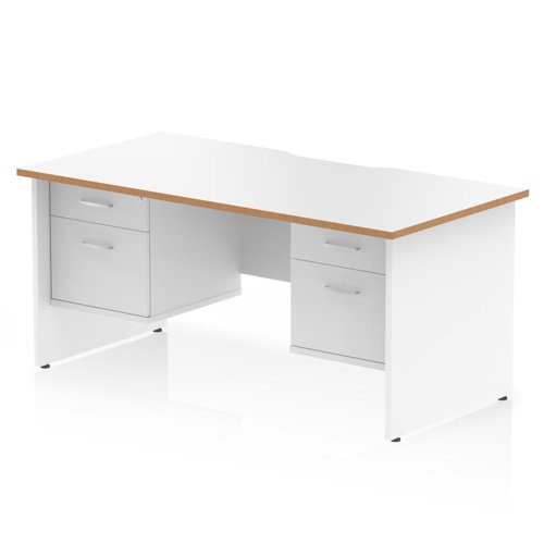 Oslo 1600 x 800mm Scalloped Edge Straight Office Desk White Top Natural Wood Edge White Panel End Leg Workstation 2 x 2 Drawer Fixed Pedestal