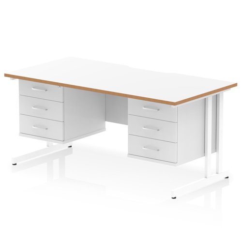 Oslo 1600 x 800mm Scalloped Edge Straight Office Desk White Top Natural Wood Edge White Cantilever Leg Workstation 2 x 3 Drawer Fixed Pedestal