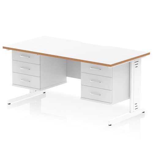 Oslo 1600 x 800mm Scalloped Edge Straight Office Desk White Top Natural Wood Edge White Cable Managed Leg Workstation 2 x 3 Drawer Fixed Pedestal