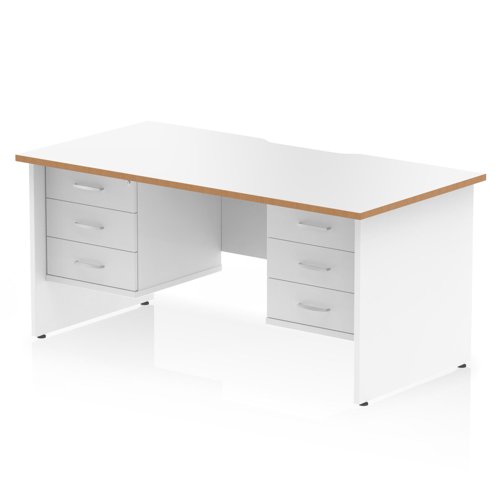 Oslo 1600 x 800mm Scalloped Edge Straight Office Desk White Top Natural Wood Edge White Panel End Leg Workstation 2 x 3 Drawer Fixed Pedestal