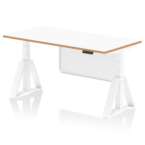 Oslo 1600mm Height Adjustable Office Desk White Top Natural Wood Edge White Frame With White Steel Modesty Panel with Piste Foot