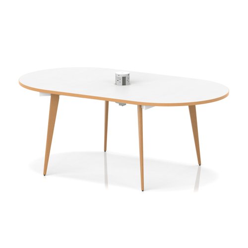 Oslo Volta 1800mm Oval Boardroom Table With Pop-up Power Module White Top Natural Wood Edge With Wooden Splayed Leg