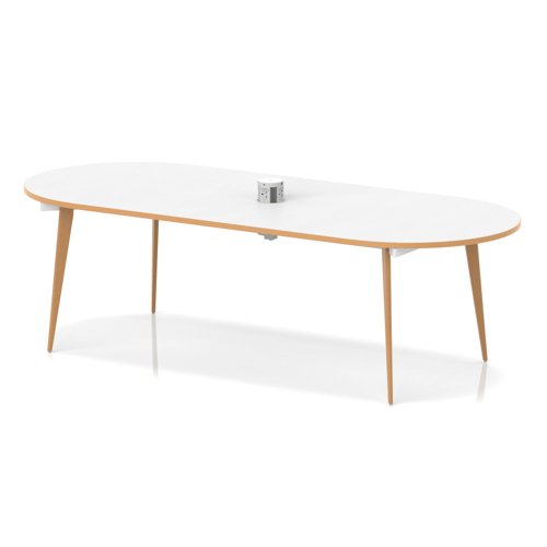 Oslo Volta 2400mm Oval Boardroom Table With Pop-up Power Module White Top Natural Wood Edge With Wooden Splayed Leg