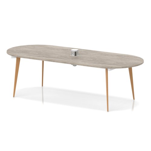 Oslo Volta 2400mm Oval Boardroom Table With Pop-up Power Module Grey Oak Top With Wooden Splayed Leg