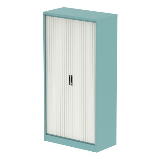 Qube 2000mm Side Tambour Cupboard Pastel Turquoise And Satin White With Shelves