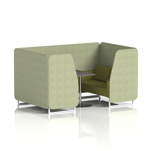 Brixworth 4 Seater Booth With White Legs And Black Table With Silver Leg In Rivet Fabric - Burnish Panels And Olive Sofa