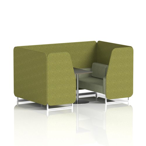 Brixworth 4 Seater Booth With White Legs And Black Table With Silver Leg In Rivet Fabric - Olive Panels And Burnish Sofa