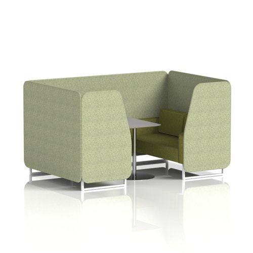 Brixworth 4 Seater Booth With White Legs And Grey Table With Silver Leg In Rivet Fabric - Burnish Panels And Olive Sofa