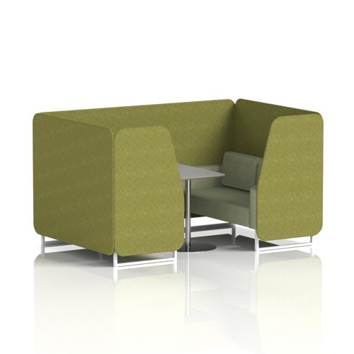 Brixworth 4 Seater Booth With White Legs And Grey Table With Silver Leg In Rivet Fabric - Olive Panels And Burnish Sofa