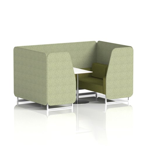 Brixworth 4 Seater Booth With White Legs And White Table With Silver Leg In Rivet Fabric - Burnish Panels And Olive Sofa