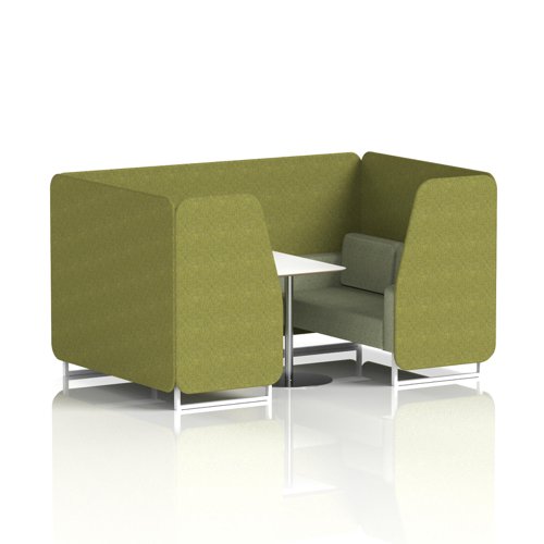 Brixworth 4 Seater Booth With White Legs And White Table With Silver Leg In Rivet Fabric - Olive Panels And Burnish Sofa