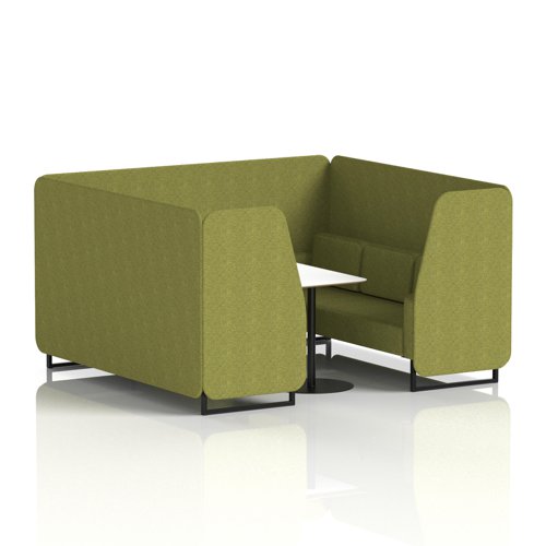 Brixworth 6 Seater Booth With Black Legs And White Table With Black Leg In Rivet Fabric - Olive Panels And Sofa