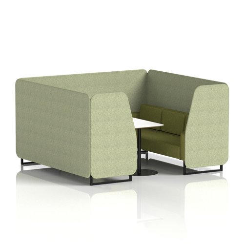 Brixworth 6 Seater Booth With Black Legs And White Table With Black Leg In Rivet Fabric - Burnish Panels And Olive Sofa