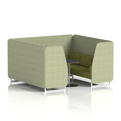 Brixworth 6 Seater Booth With White Legs And Black Table With Silver Leg In Rivet Fabric - Burnish Panels And Olive Sofa