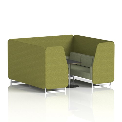 Brixworth 6 Seater Booth With White Legs And Black Table With Silver Leg In Rivet Fabric - Olive Panels And Burnish Sofa