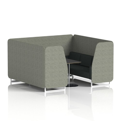 Brixworth 6 Seater Booth With White Legs And Black Table With Silver Leg In Rivet Fabric - Vitreous Panels And Charcoal Sofa