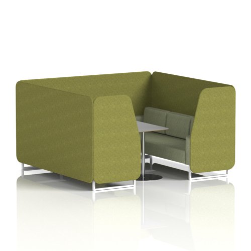 Brixworth 6 Seater Booth With White Legs And Grey Table With Silver Leg In Rivet Fabric - Olive Panels And Burnish Sofa