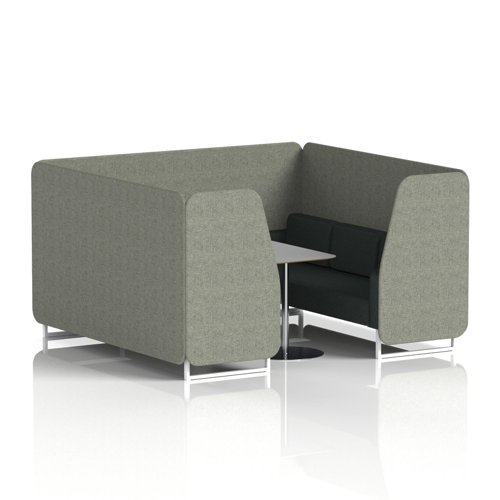Brixworth 6 Seater Booth With White Legs And Grey Table With Silver Leg In Rivet Fabric - Vitreous Panels And Charcoal Sofa