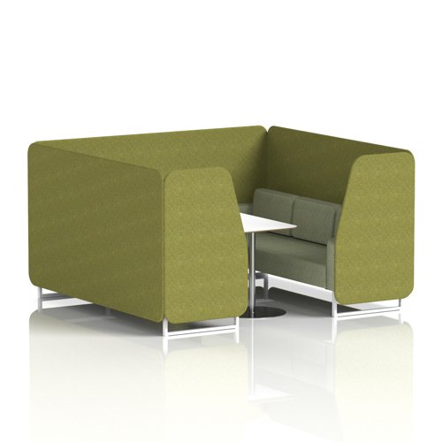 Brixworth 6 Seater Booth With White Legs And White Table With Silver Leg In Rivet Fabric - Olive Panels And Burnish Sofa