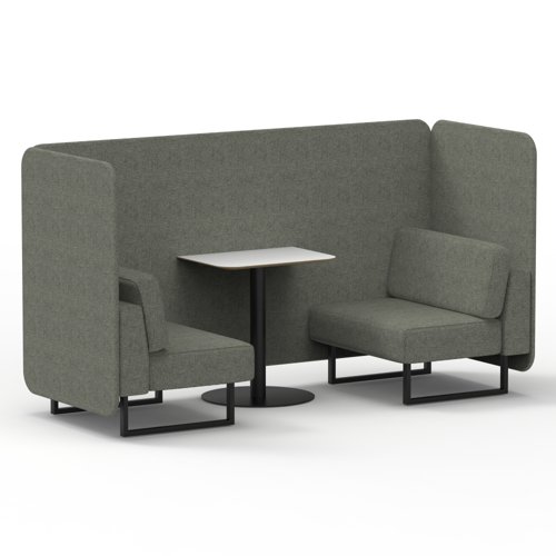 Brixworth 2 Seater Bench Booth With Black Legs And White Table With Black Leg In Rivet Fabric Vitreous Panels And Sofa