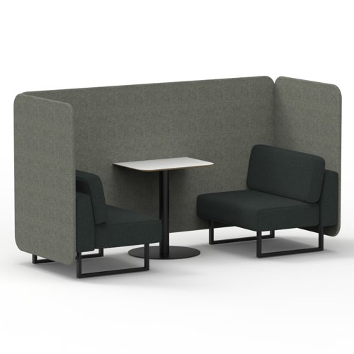 Brixworth 2 Seater Bench Booth With Black Legs And White Table With Black Leg In Rivet Fabric Vitreous Panels And Charcoal Sofa