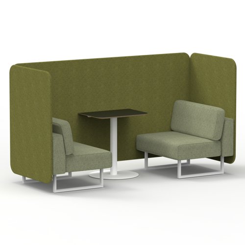 Brixworth 2 Seater Bench Booth With White Legs And Black Table With White Leg In Rivet Fabric Olive Panels And Burnish Sofa