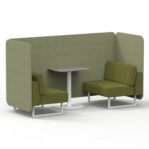 Brixworth 2 Seater Bench Booth With White Legs And Grey Table With White Leg In Rivet Fabric Burnish Panels And Olive Sofa