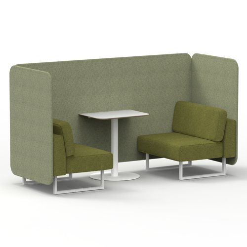 Brixworth 2 Seater Bench Booth With White Legs And White Table With White Leg In Rivet Fabric Burnish Panels And Olive Sofa