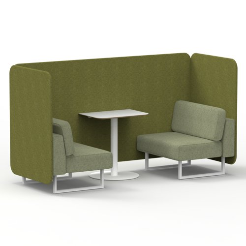 Brixworth 2 Seater Bench Booth With White Legs And White Table With White Leg In Rivet Fabric - Olive Panels And Burnish Sofa