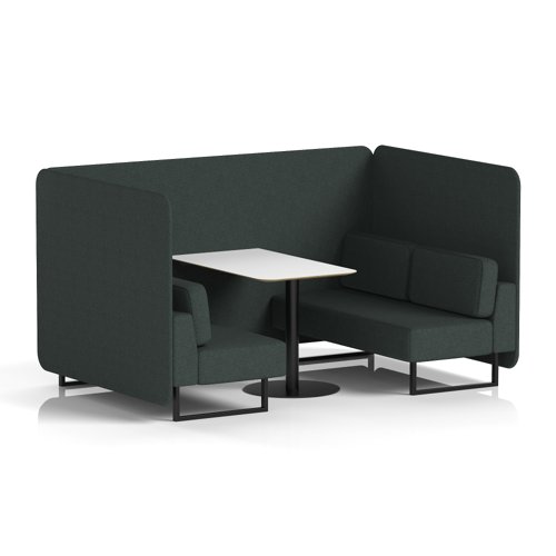 Brixworth 4 Seater Bench Booth With Black Legs And White Table With Black Leg In Rivet Fabric - Charcoal Panels And Sofa