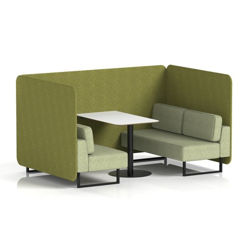 Brixworth 4 Seater Bench Booth With Black Legs And White Table With Black Leg In Rivet Fabric - Olive Panels And Burnish Sofa