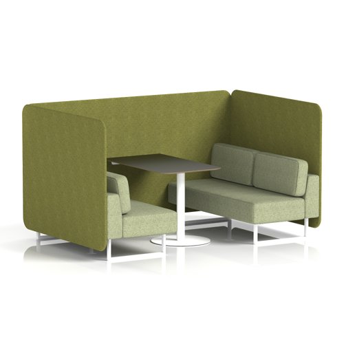 Brixworth 4 Seater Bench Booth With White Legs And Black Table With White Leg In Rivet Fabric - Olive Panels And Burnish Sofa