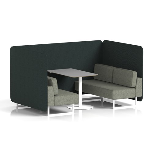 Brixworth 4 Seater Bench Booth With White Legs And Grey Table With White Leg In Rivet Fabric - Charcoal Panels And Vitreous Sofa
