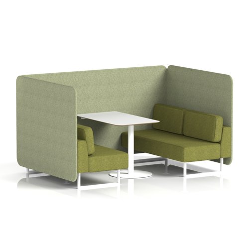 Brixworth 4 Seater Bench Booth With White Legs And White Table With White Leg In Rivet Fabric - Burnish Panels And Olive Sofa