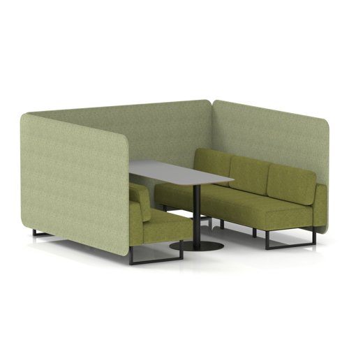 Brixworth 6 Seater Bench Booth With Black Legs And Grey Table With Black Leg In Rivet Fabric - Burnish Panels And Olive Sofa