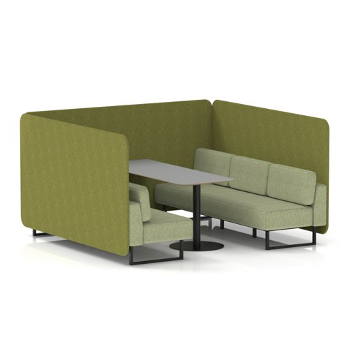 Brixworth 6 Seater Bench Booth With Black Legs And Grey Table With Black Leg In Rivet Fabric - Olive Panels And Burnish Sofa