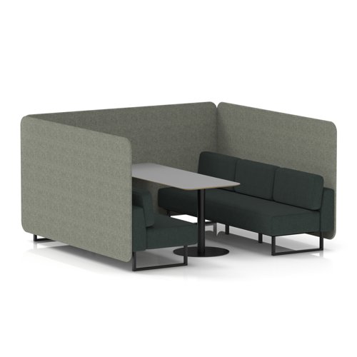 Brixworth 6 Seater Bench Booth With Black Legs And Grey Table With Black Leg In Rivet Fabric - Vitreous Panels And Charcoal Sofa