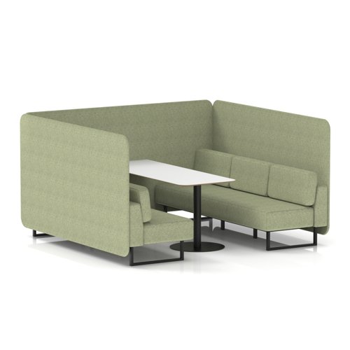 Brixworth 6 Seater Bench Booth With Black Legs And White Table With Black Leg In Rivet Fabric - Burnish Panels And Sofa