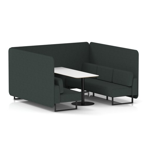 Brixworth 6 Seater Bench Booth With Black Legs And White Table With Black Leg In Rivet Fabric - Charcoal Panels And Sofa