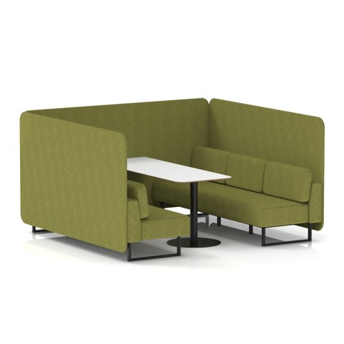 Brixworth 6 Seater Bench Booth With Black Legs And White Table With Black Leg In Rivet Fabric - Olive Panels And Sofa