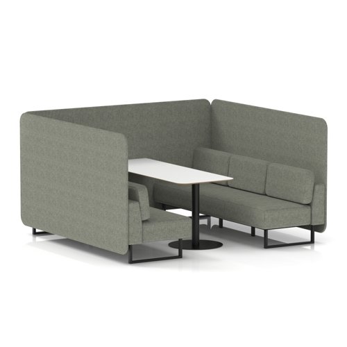 Brixworth 6 Seater Bench Booth With Black Legs And White Table With Black Leg In Rivet Fabric - Vitreous Panels And Sofa