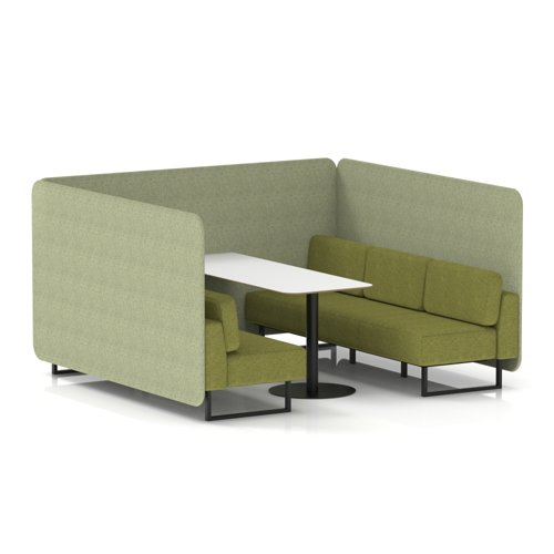 Brixworth 6 Seater Bench Booth With Black Legs And White Table With Black Leg In Rivet Fabric - Burnish Panels And Olive Sofa