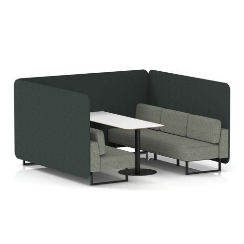 Brixworth 6 Seater Bench Booth With Black Legs And White Table With Black Leg In Rivet Fabric - Charcoal Panels And Vitreous Sofa