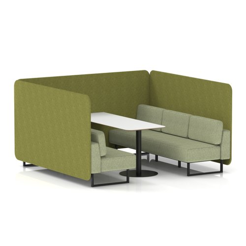 Brixworth 6 Seater Bench Booth With Black Legs And White Table With Black Leg In Rivet Fabric - Olive Panels And Burnish Sofa