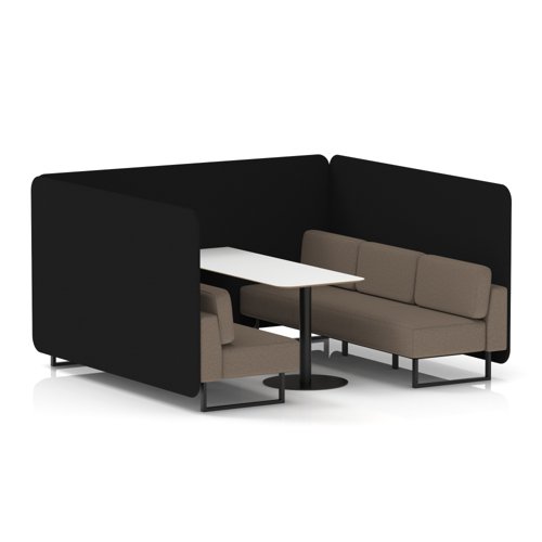 Brixworth 6 Seater Bench Booth With Black Legs And White Table With Black Leg In X2 Fabric - Diameter Panels And Theory Sofa