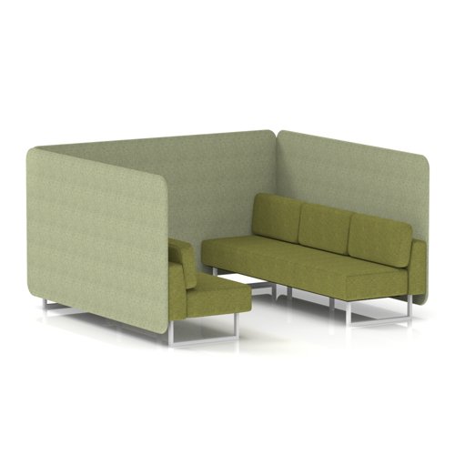 Brixworth 6 Seater Bench Booth With White Legs In Rivet Fabric - Burnish Panels And Olive Sofa