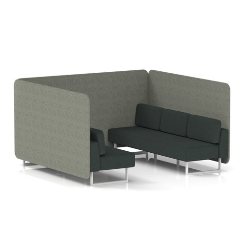 Brixworth 6 Seater Bench Booth With White Legs In Rivet Fabric - Vitreous Panels And Charcoal Sofa