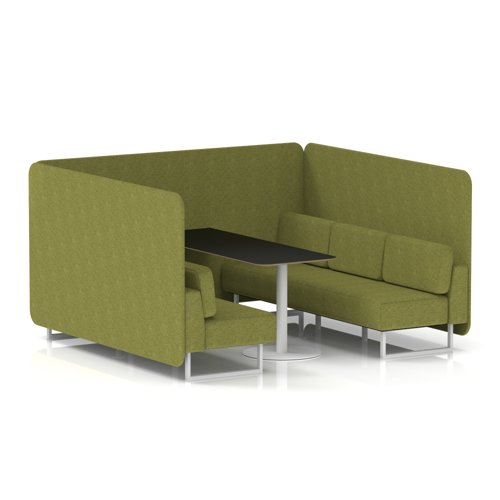 Brixworth 6 Seater Bench Booth With White Legs And Black Table With White Leg In Rivet Fabric - Olive Panels And Sofa