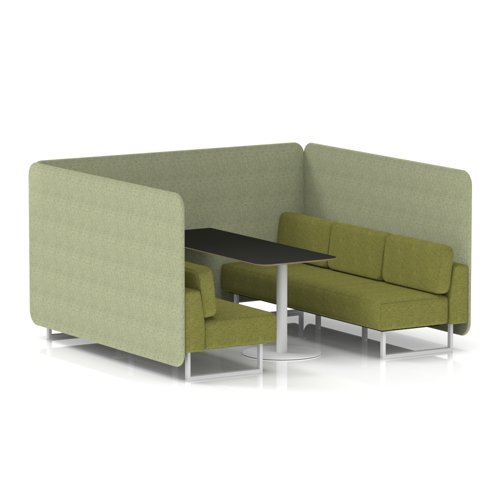 Brixworth 6 Seater Bench Booth With White Legs And Black Table With White Leg In Rivet Fabric - Burnish Panels And Olive Sofa